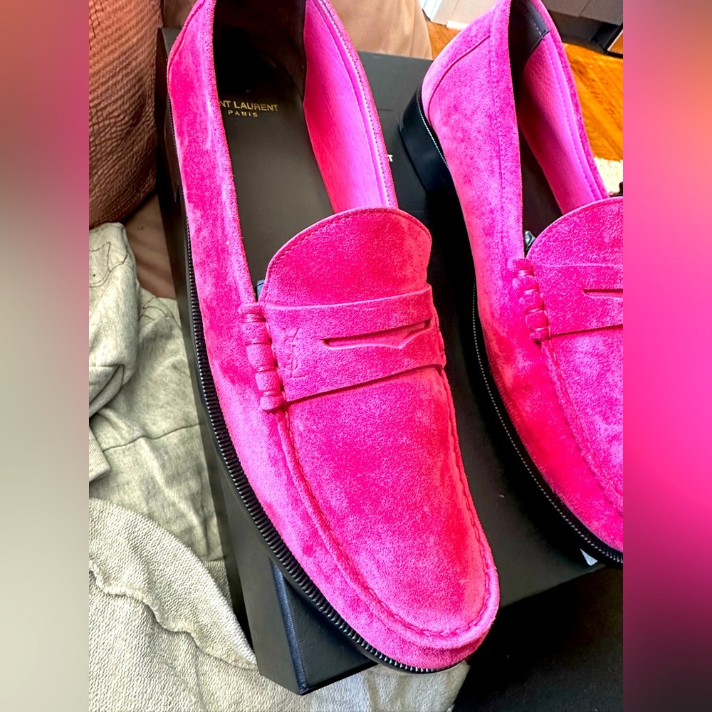 Fuchsia Pink Suede Saint Laurent Loafers